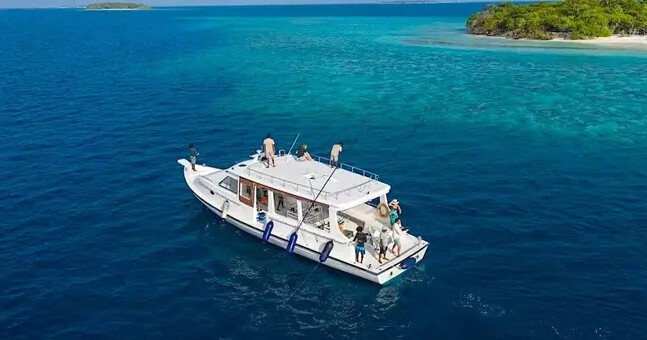 Boat on blue sea near small island with lush greenery.